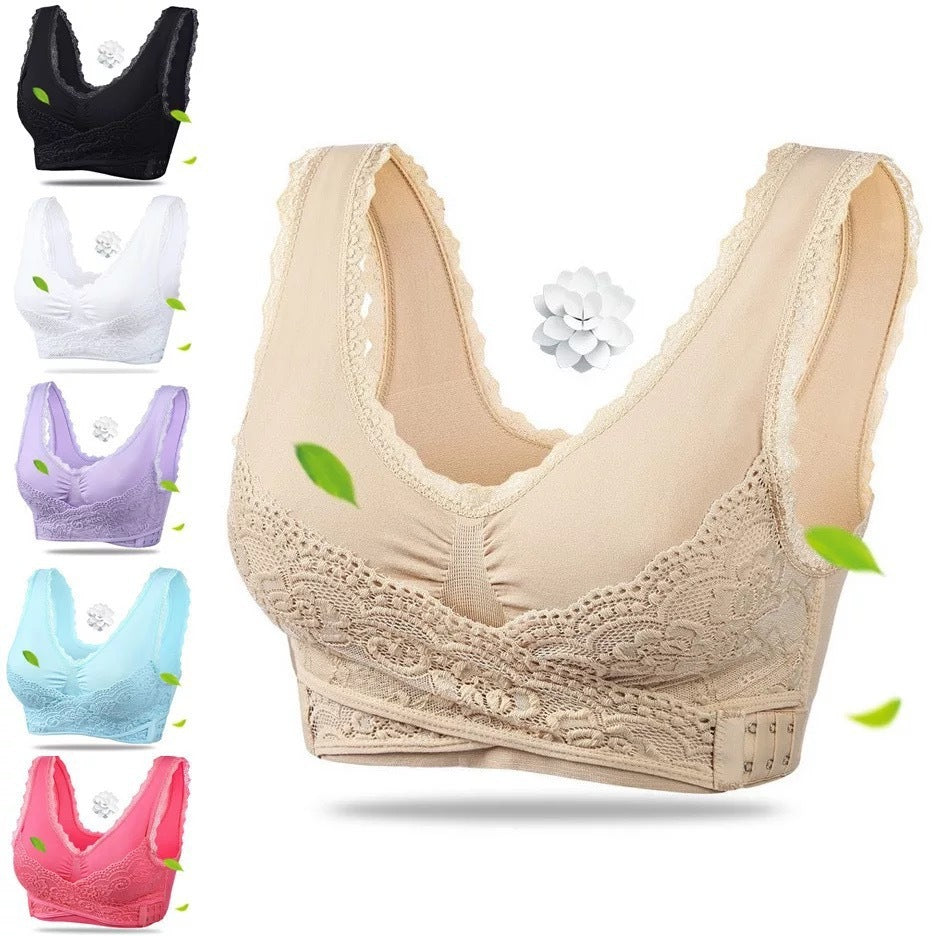 “Women’s non-wire sports bra with front cross design, side buckle and lace detailing for fitness”