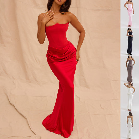 “Slim fit women’s tube top long dress with bandeau style and backless design, perfect for evening parties”