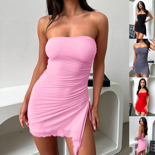 “Y2K style women’s tube-top split dress, backless and short, perfect for summer fashion”