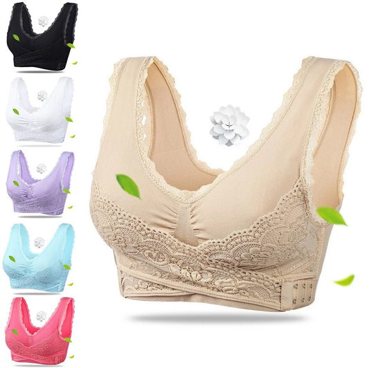 “Women’s non-wire sports bra with front cross design, side buckle and lace detailing for fitness”