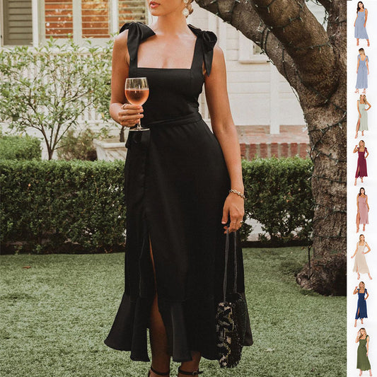 “Women’s temperament suspender split dress with lace-up design and ruffled hem, perfect for summer beachwear”