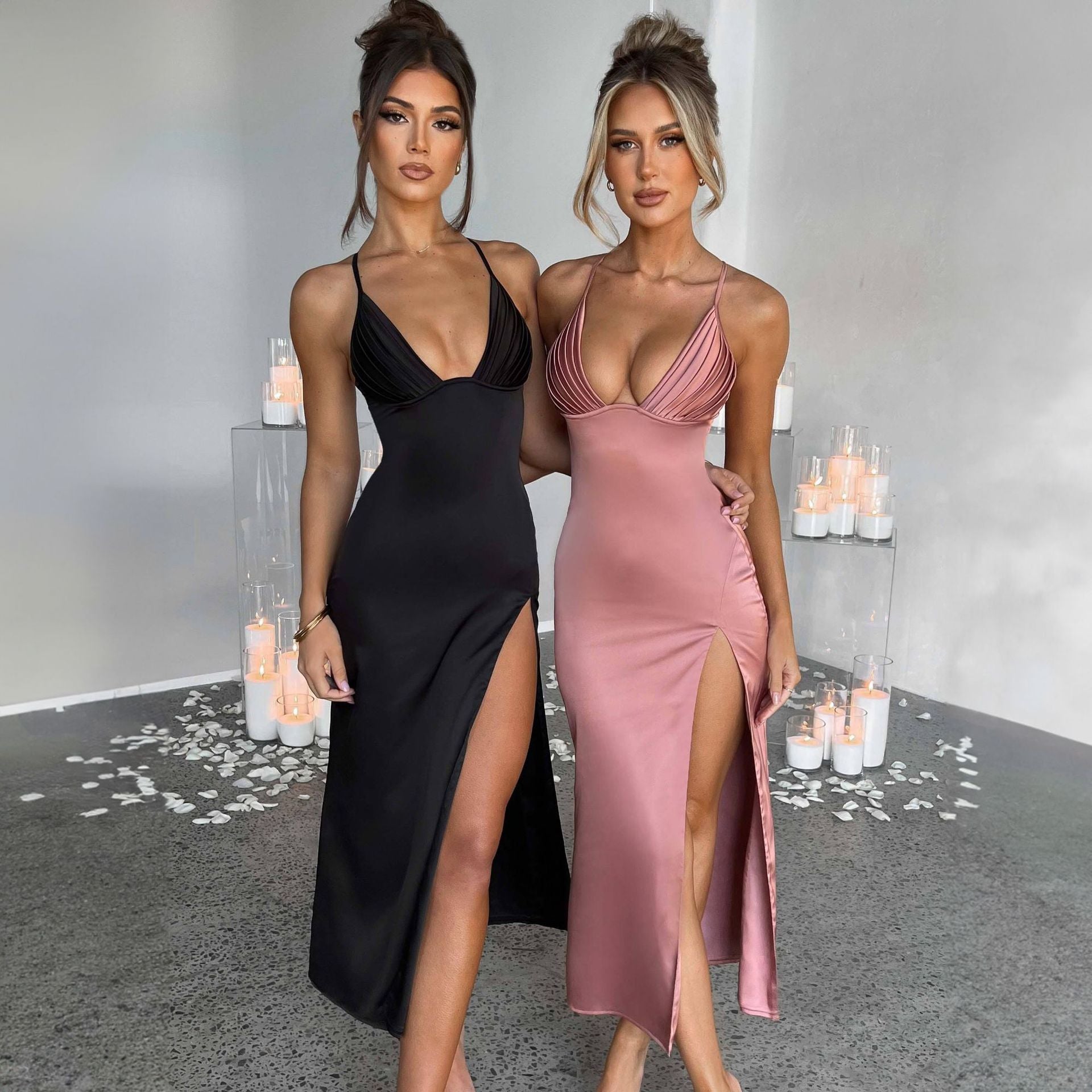“Women’s spaghetti strap bodycon dress with deep V-neck, split design, sleeveless and backless for parties”