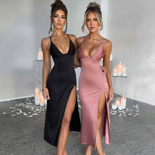 “Women’s spaghetti strap bodycon dress with deep V-neck, split design, sleeveless and backless for parties”